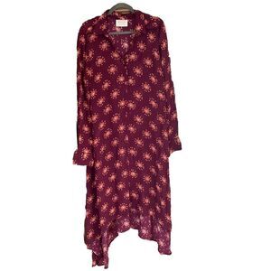 Cecilie Copenhagen Wine Long Sleeve Shirt Dress Frill Hi Lo Shoulder Ruffle Sz S